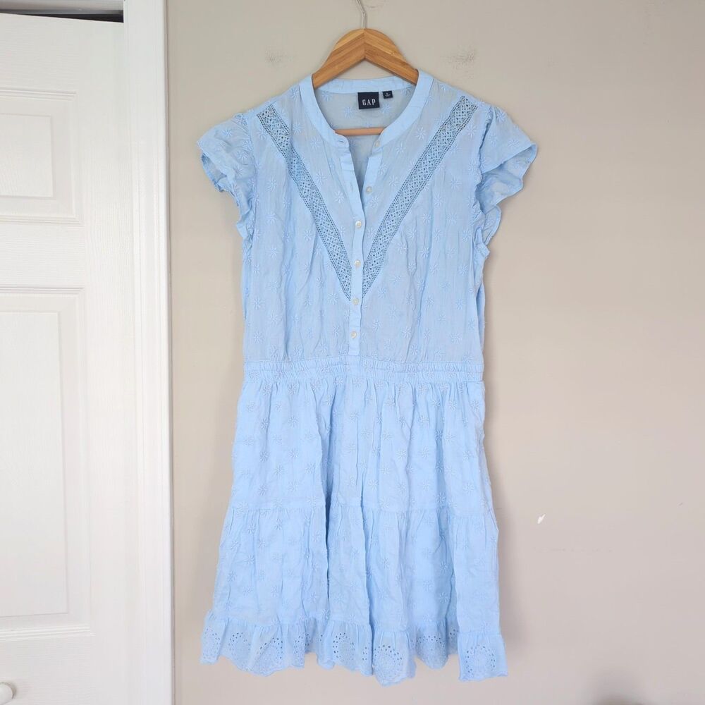GAP Light Blue Flutter Sleeve Button up Lace Mini Dress Large Feminine Dainty